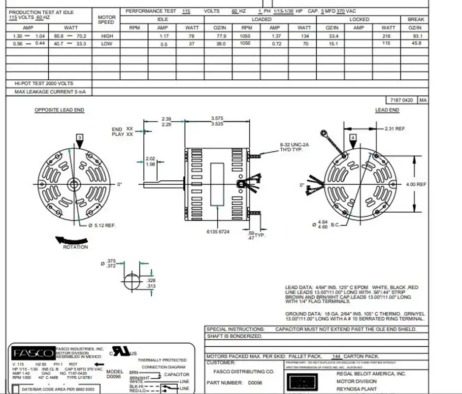 Fasco D0096 D0096 MOTOR 5.00 DIA 1/15-1/30 REPLACEMENT MPN