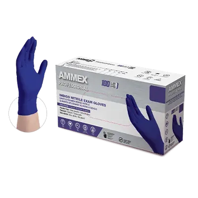 Ammex AINPF44100 Textured Medical/Exam Nitrile Gloves, Powder-Free, Indigo, Medium, 100/Box