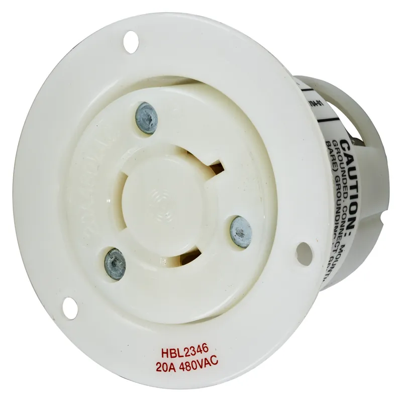 Hubbell HBL2346 20 Amp 480 Volt 2-Pole 3-Wire NEMA L8-20R White Locking Flanged Receptacle
