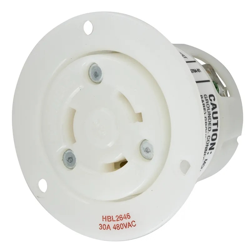 Hubbell HBL2646 30 Amp 480 Volt 2-Pole 3-Wire NEMA L8-30R White Locking Flanged Receptacle