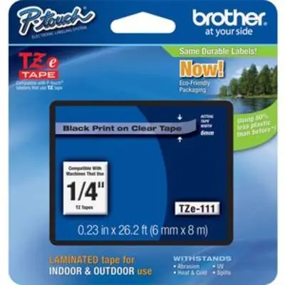 Brother TZE111 TZe Tape, Black on Clear Laminated Tape, 6 mm