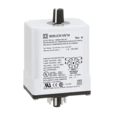 Square D 9050JCK14V14 Timing Relay, Type JCK, plug In, on delay, adjustable time, 1.2 to 120 seconds, 10A, 240 VAC, 24 VAC/DC