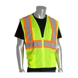 Protective Industrial Products 302-MVZPLY-S Class 2 Mesh Vest 6 Pockets Zipper Closure Two Tone Tape Yellow Small