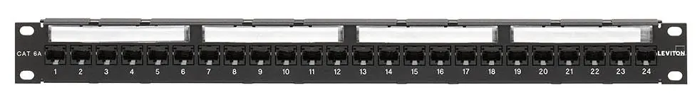 Leviton 6A586-U24 CAT6A Flat Patch Panel, 110-style meets TIA 19 in Rack Mount, 24-Port configured