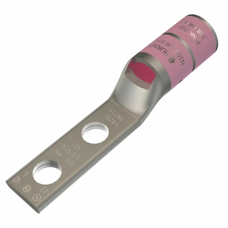 BURNDY YA25L2NT14 1/0 AWG CU Two Hole 1/4 Stud Size 5/8 Hole Spacing Standard Barrel Inspection Window Narrow Tongue Internal Chamfer Tin Plated UL/CSA 90C Up to 35kV