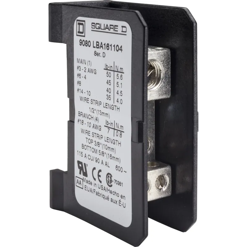 Square D 9080LBA161104 Power Distribution Block 115 Amp 600 Volt 1-Pole