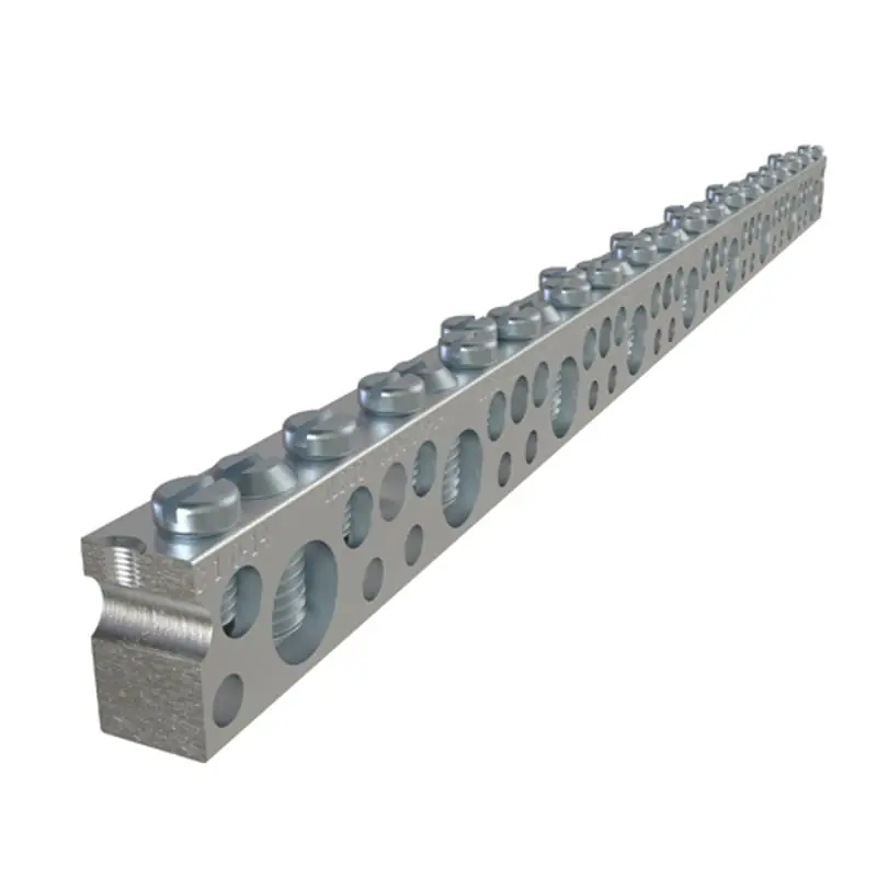 Ilsco NBAE-0924-2 Aluminum Neutral Bar, Dual Rated, Large Conductor Range 1/0-14, Small Range 6-14, 9 Large Ports, 24 Small Ports, 2 Holes