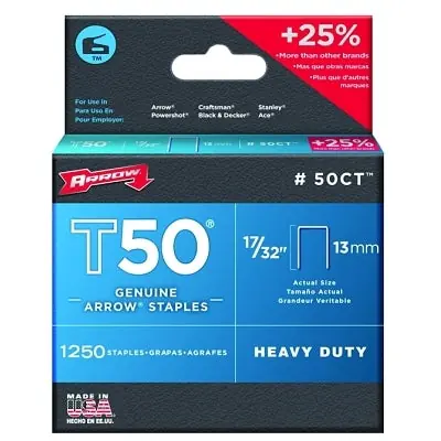 Arrow Fastener 50CT T50 Type Staples 17/32 in L x 3/8 in W Replacement MPN