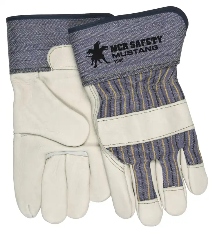 MCR Safety 1935S Mustang Premium Grain Leather Work Gloves, Rubberized Cuff