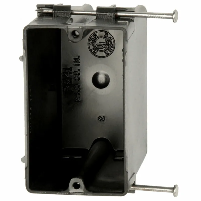 Allied Moulded Products P-241 FlexBox; 1-Gang Switch/Outlet Box; Angled Mid Nails, 3-9/16 Inch Depth, Thermoplastic, 24 Cubic-Inch, Black