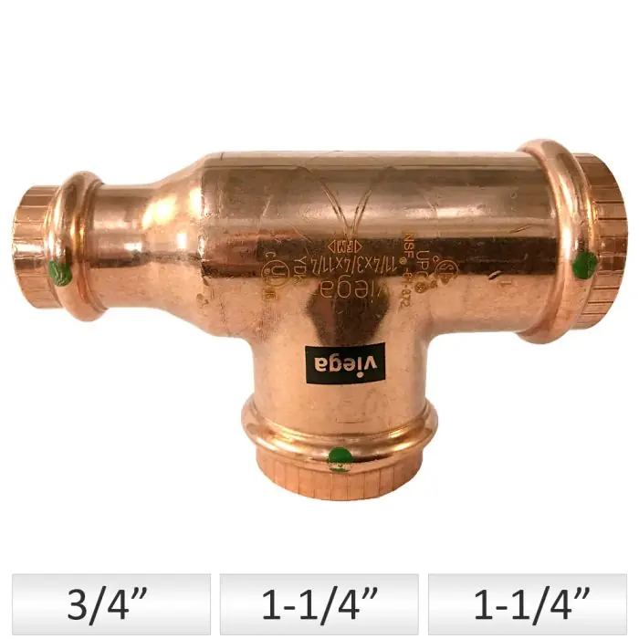 VIEGA 22248 ProPress Copper Tee, With Smart Connect & EPDM Sealing, 1-1/4 P x 3/4 P x 1-1/4 P