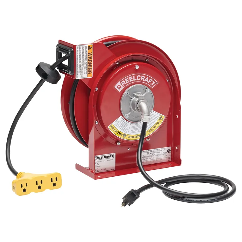 Reelcraft L45451239 Spring Retractable Power Cord Reel - Triple Outlet Cord End w/ GFCI 45 ft