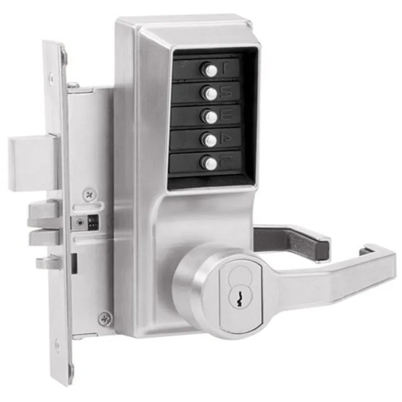 KABA R8148S-26D-41 Mechanical Pushbutton Lock, Mortise, Right Hand, LFIC Schlage, Combination Entry/Key Override/Passage/Lockout/Deadbolt, Satin Chrome, With Lever
