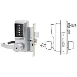 KABA LR8148S-26D-41 Mechanical Pushbutton Lock, Mortise, Left Hand Reverse, LFIC Schlage, Combination Entry/Key Override/Passage/Lockout/Deadbolt, Satin Chrome, With Lever