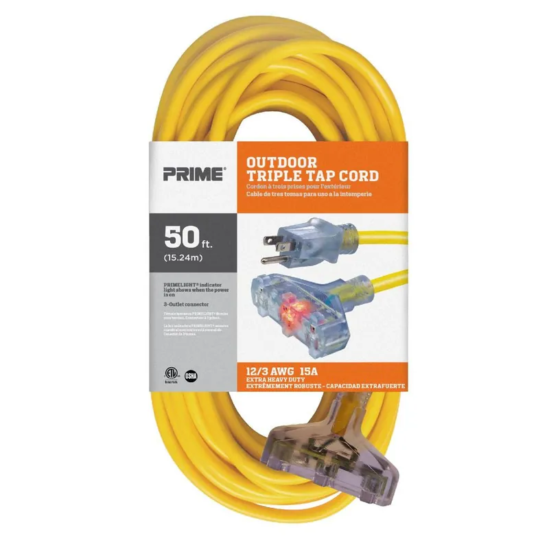 Prime EC611830 50' 12/3 U/G SJTW Yellow Triple Tap Extension Cord With Indicator Light