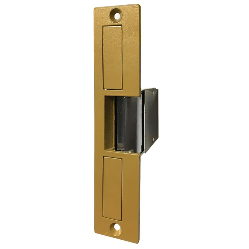 TRINE 004 Door Electric Strike, Intermittent, 8 to 16 Volt AC, 1.3 to 2.7 Ampere, 1000 Lb Static Load, Powder Coated Brass, With Faceplate, For Wood Jamb