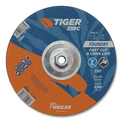 Weiler 68383 Tiger AO Type 27 Grinding Wheel, 9 in dia, 1/8 in thick, 5/8 in- 11 arbor, 30 Grit