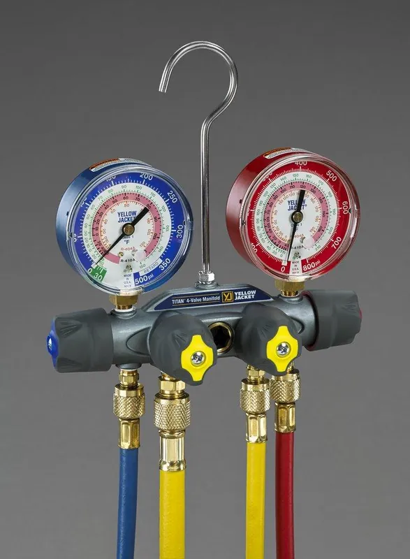 Yellow Jacket 49968 Titan 4-Valve Test & Charge Manifold with 3-1/8 in. F Gauges and 60 in. PLUS II Compact Ball Valve Hose Set - R22/R404A/R410A