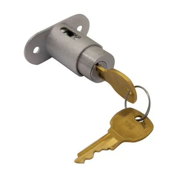 National Cabinet Lock C8142-KD-26D Sliding Door Lock, Pin Tumbler, 1-1/8 Length Cylinder, 7/16 Plunger Bolt Travel, Dull Chrome, With (2) KD Removable Key in Locked/Unlocked Position