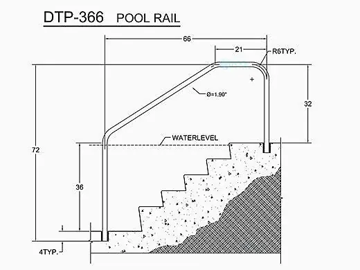 Saftron DTP-366-W Deck To Pool Mounted 3-Bend Handrail
